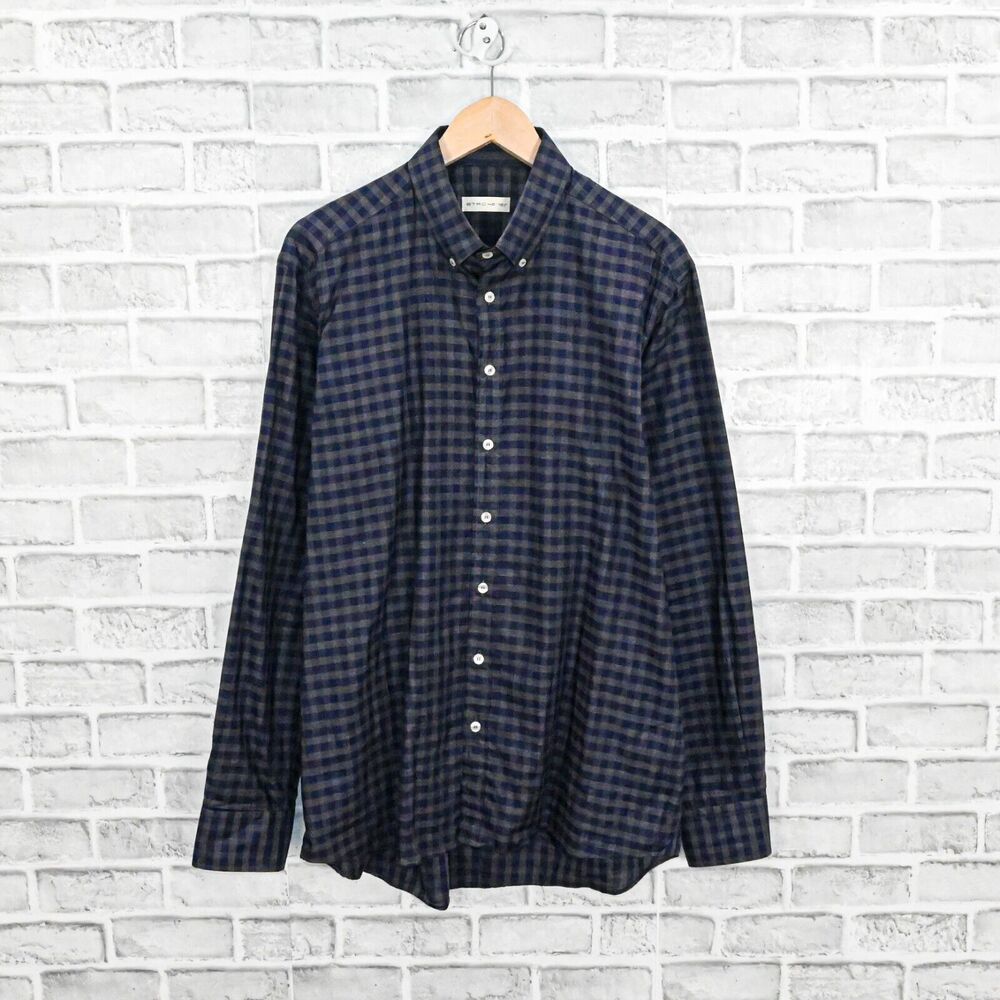 ETRO Men's Button Down Shirt in Blue grey check cotton sz 42 Made in Italy